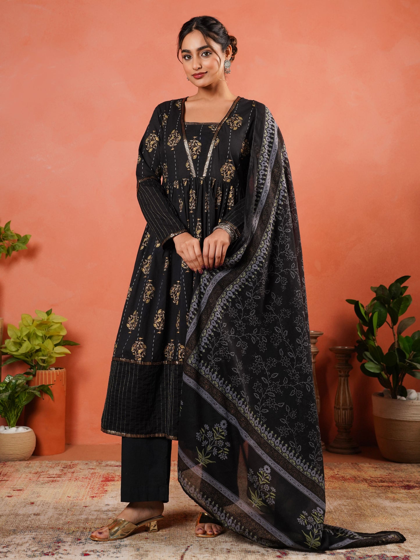 Soft Cotton Floral Anarkali Black Kurta