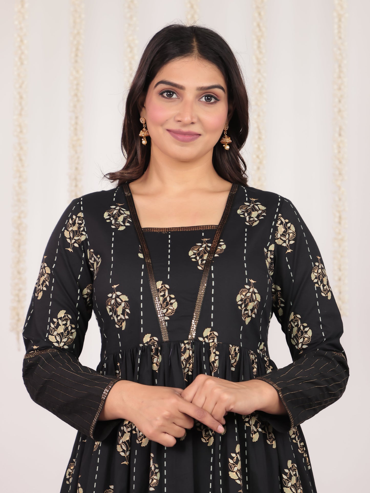 Soft Cotton Floral Anarkali Black Kurta