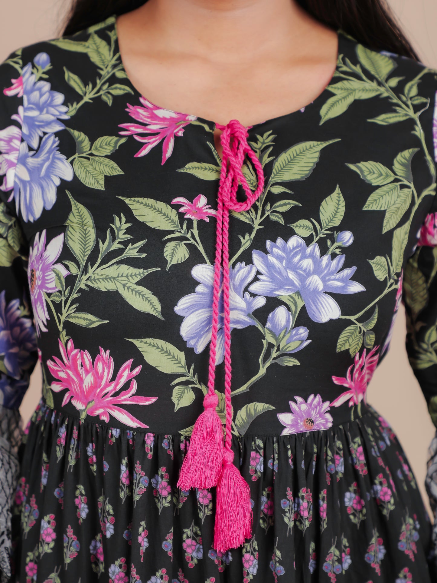 Embroidered Soft Cotton Floral Flared Black Dress