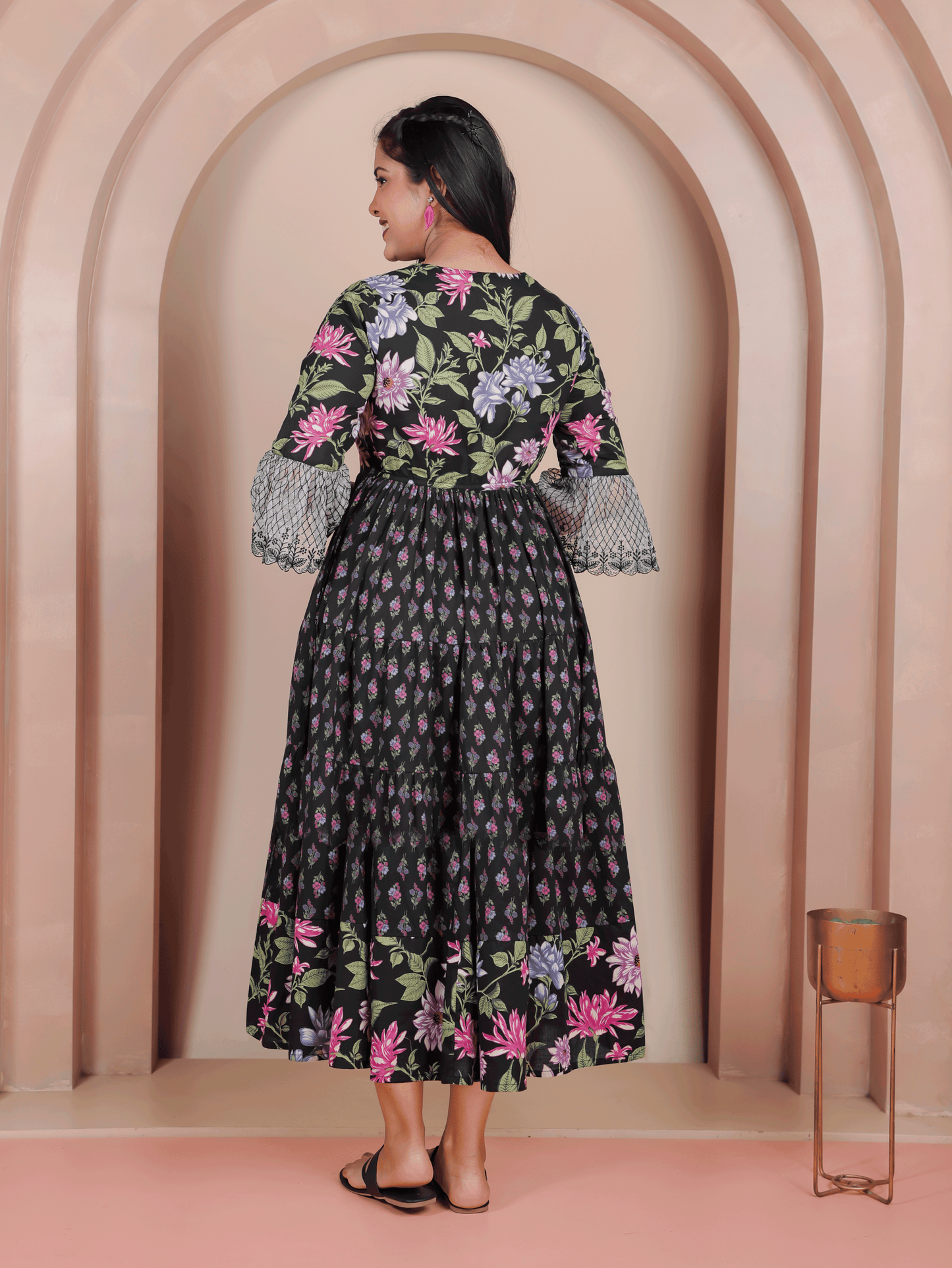 Embroidered Soft Cotton Floral Flared Black Dress