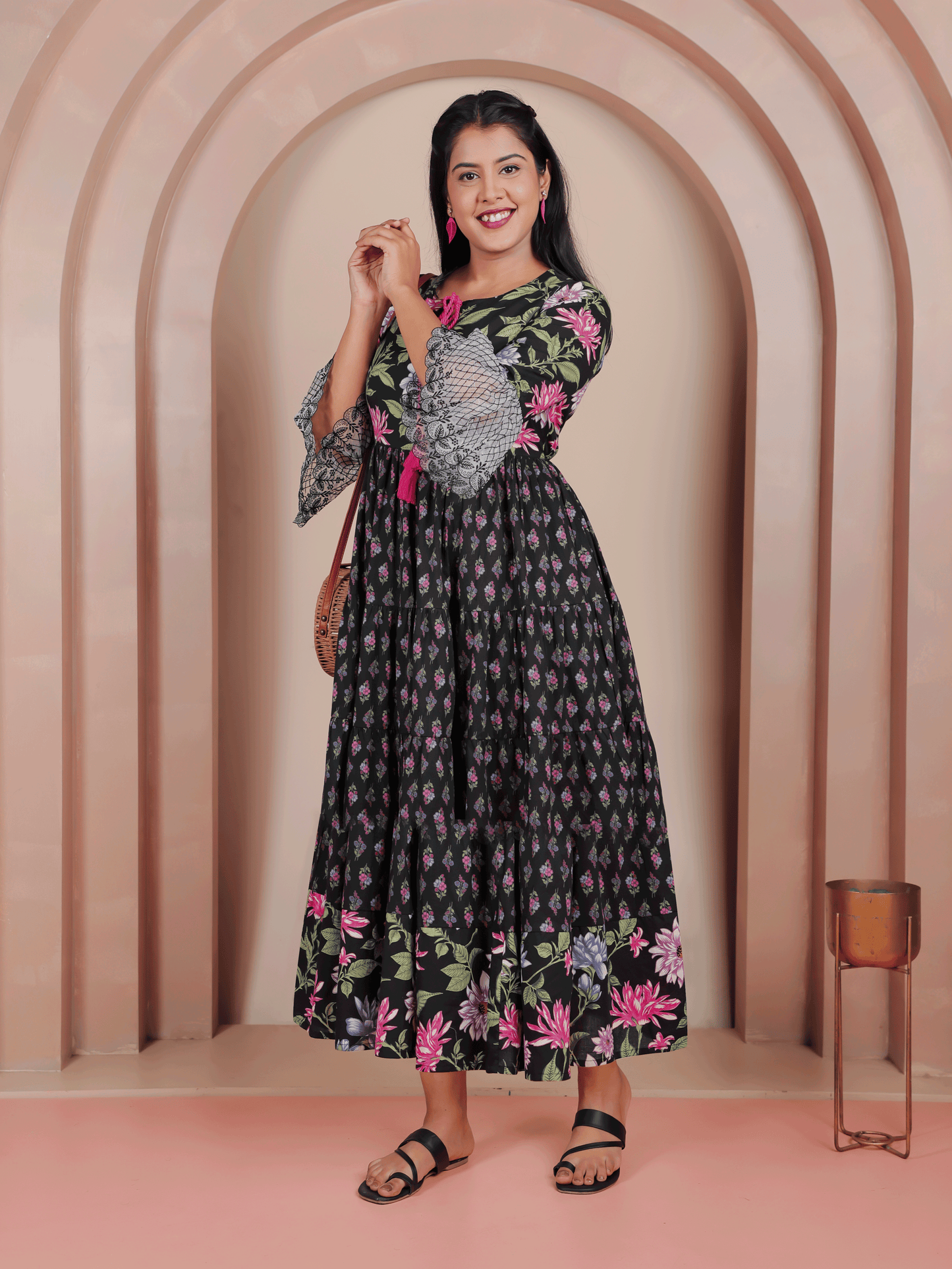 Embroidered Soft Cotton Floral Flared Black Dress