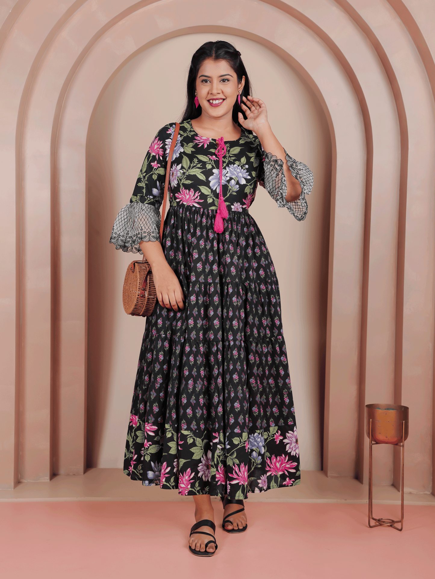 Embroidered Soft Cotton Floral Flared Black Dress