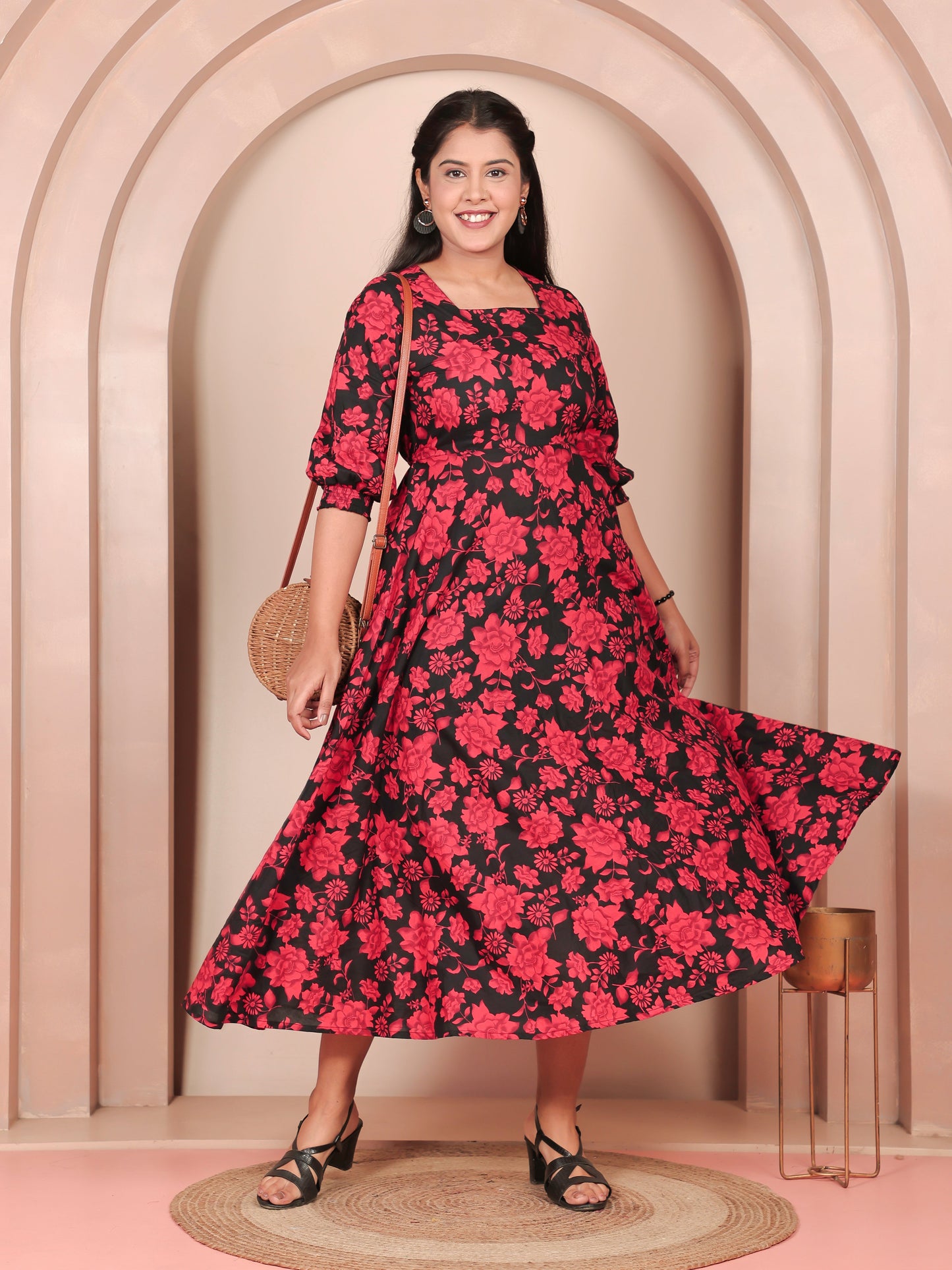Soft Cotton Floral Flared Red Dress