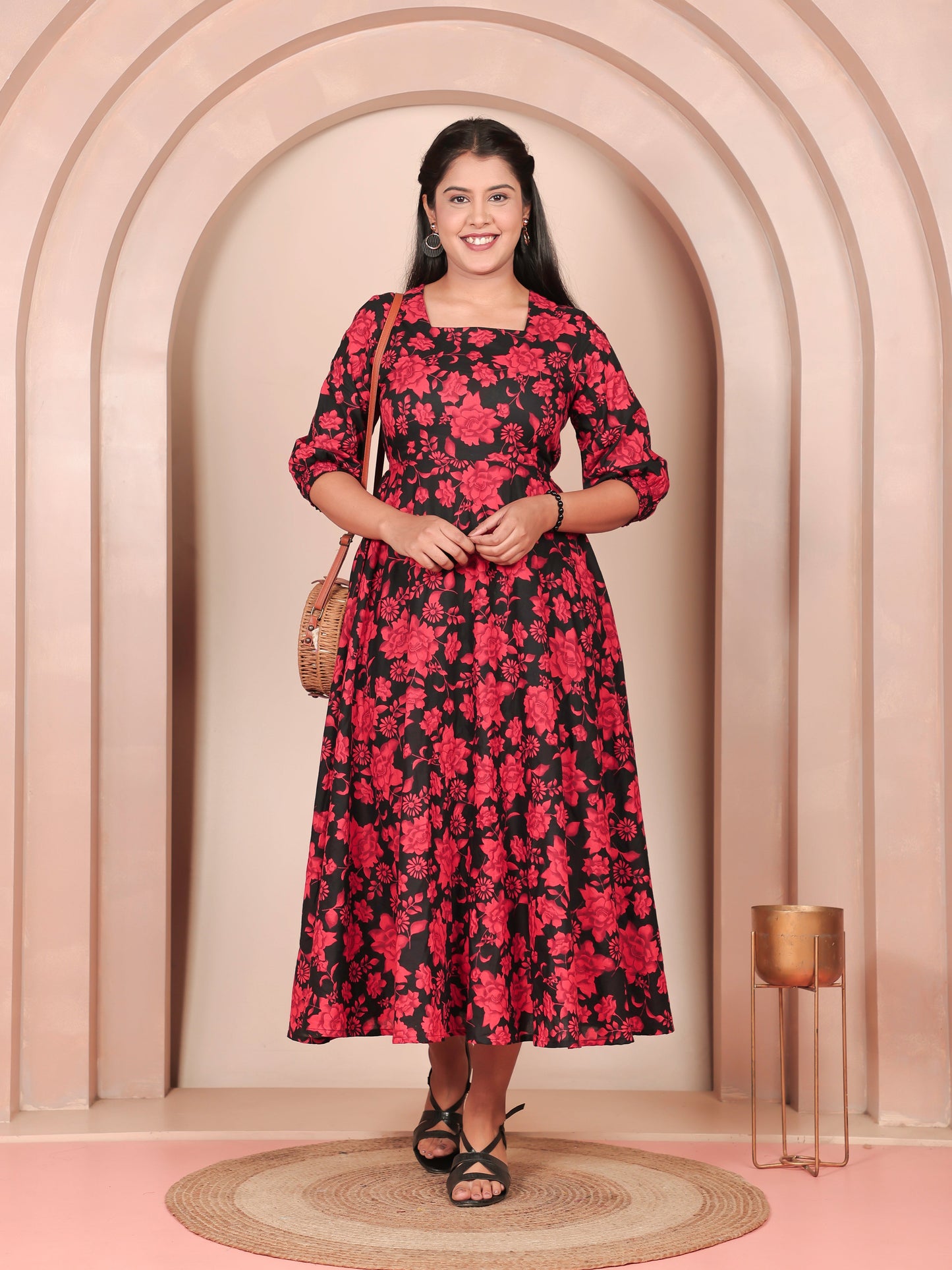 Soft Cotton Floral Flared Red Dress