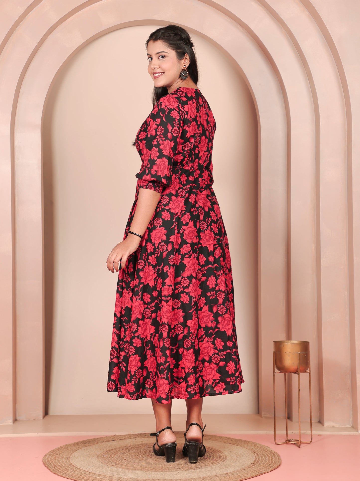 Soft Cotton Floral Flared Red Dress