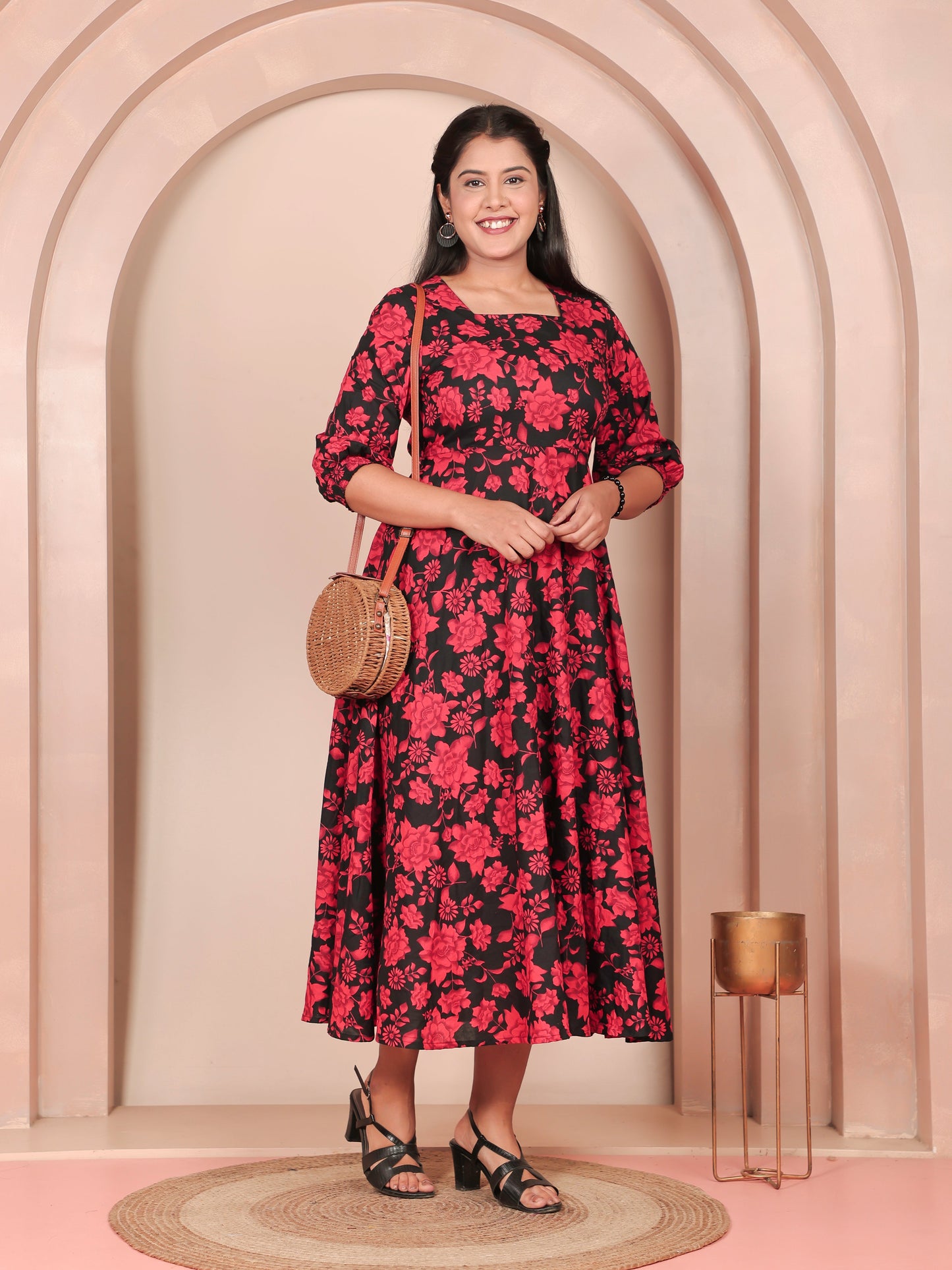 Soft Cotton Floral Flared Red Dress