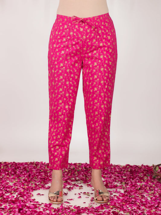 Soft Cotton Gold Print Pink Tapered Trousers