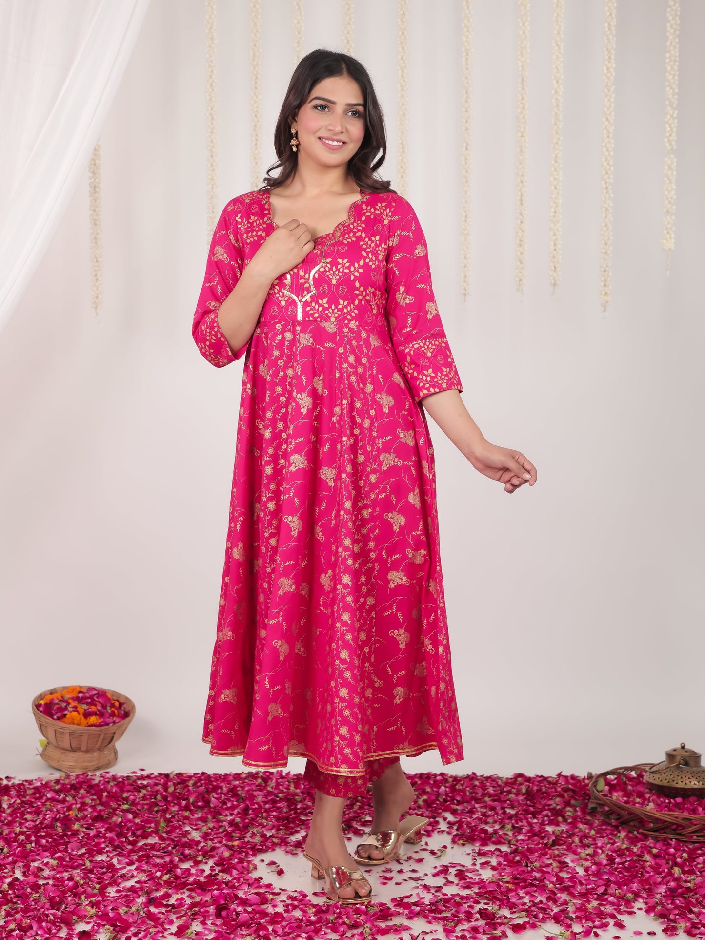 Embroidered Rayon Gold foil Flared Pink Kurta
