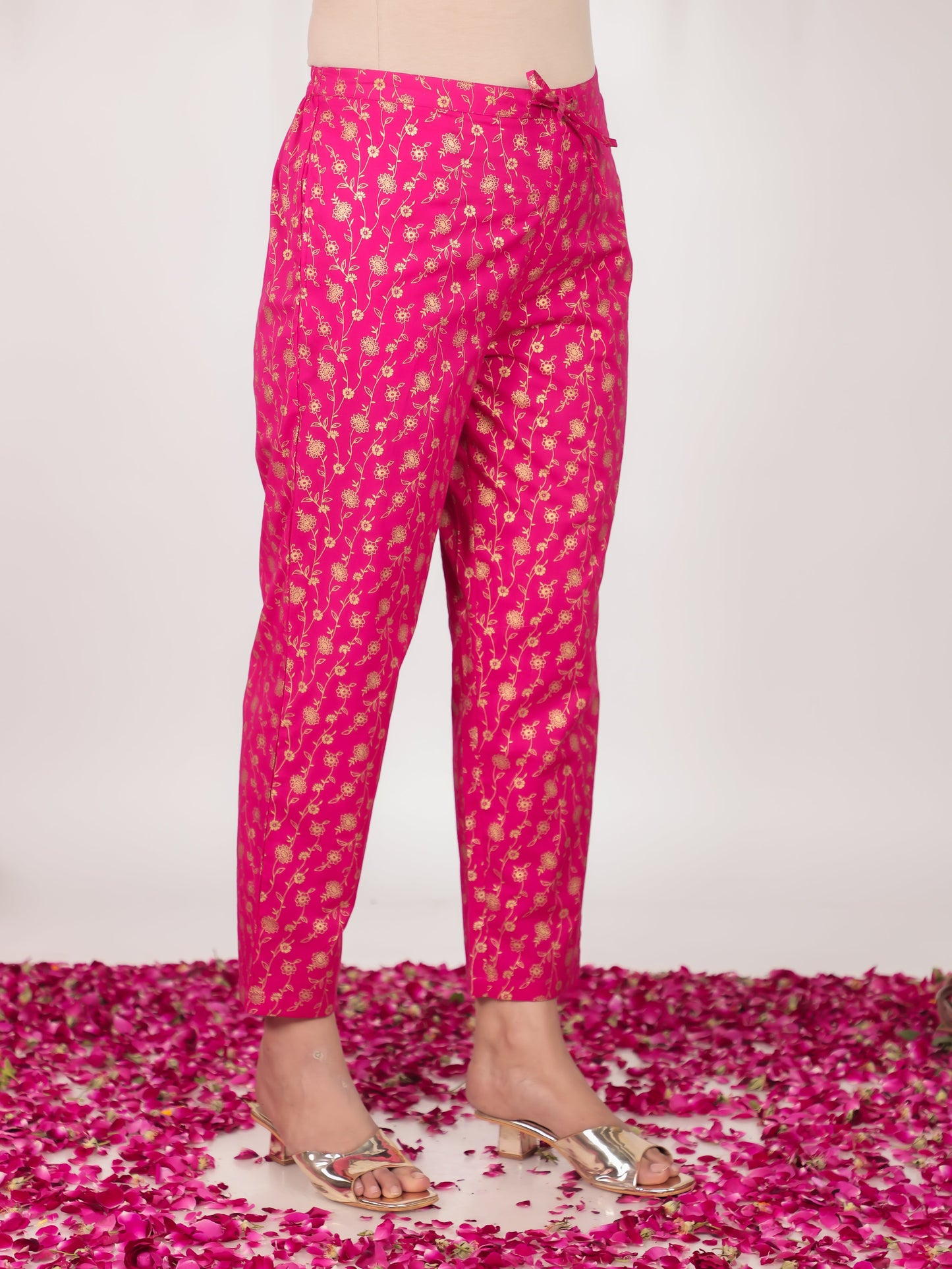 Embroidered Rayon Gold foil Flared Pink Kurta