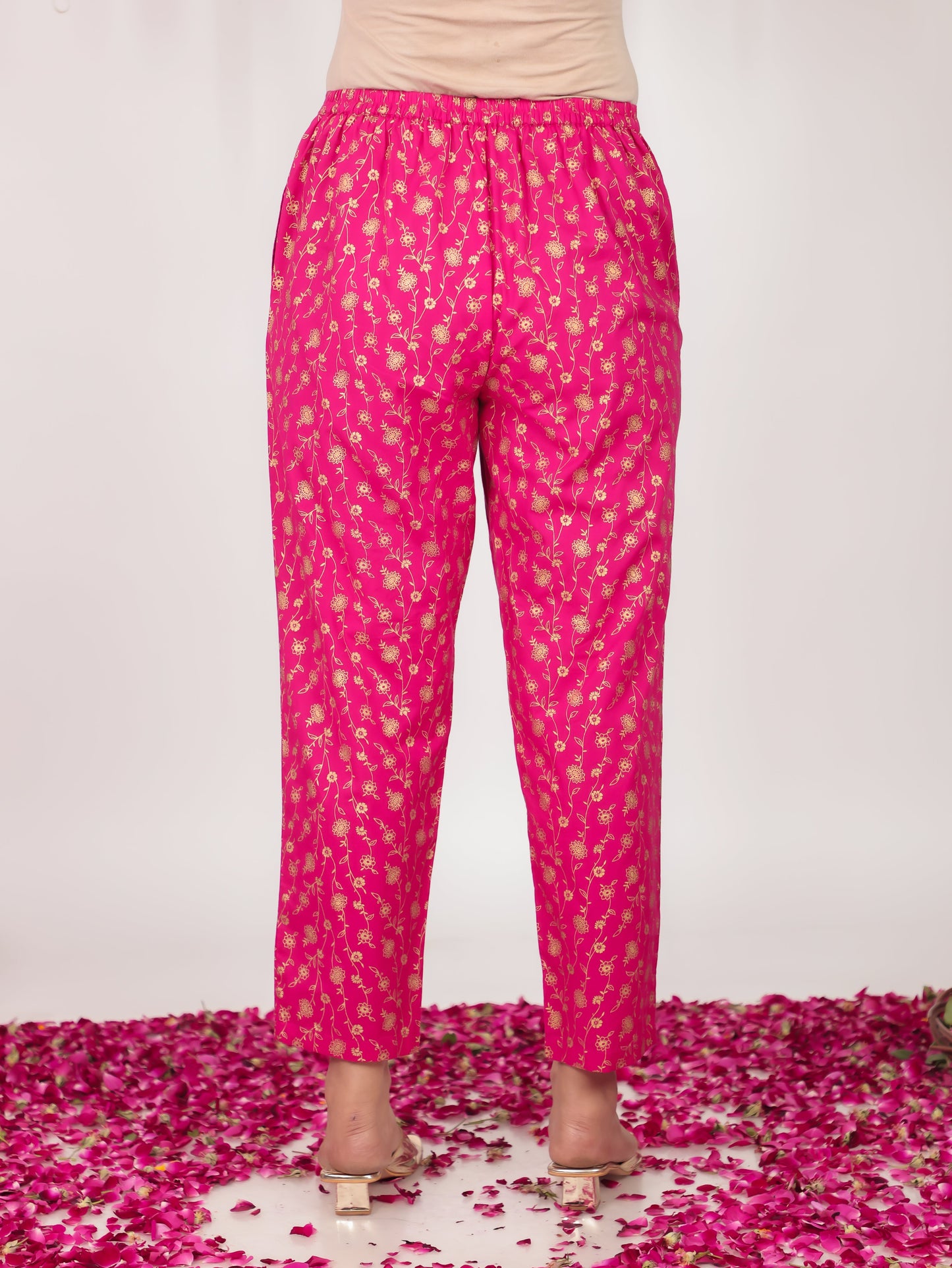 Embroidered Rayon Gold foil Flared Pink Kurta