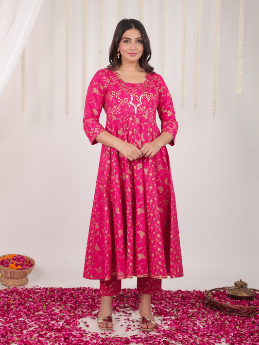 Embroidered Rayon Gold foil Flared Pink Kurta
