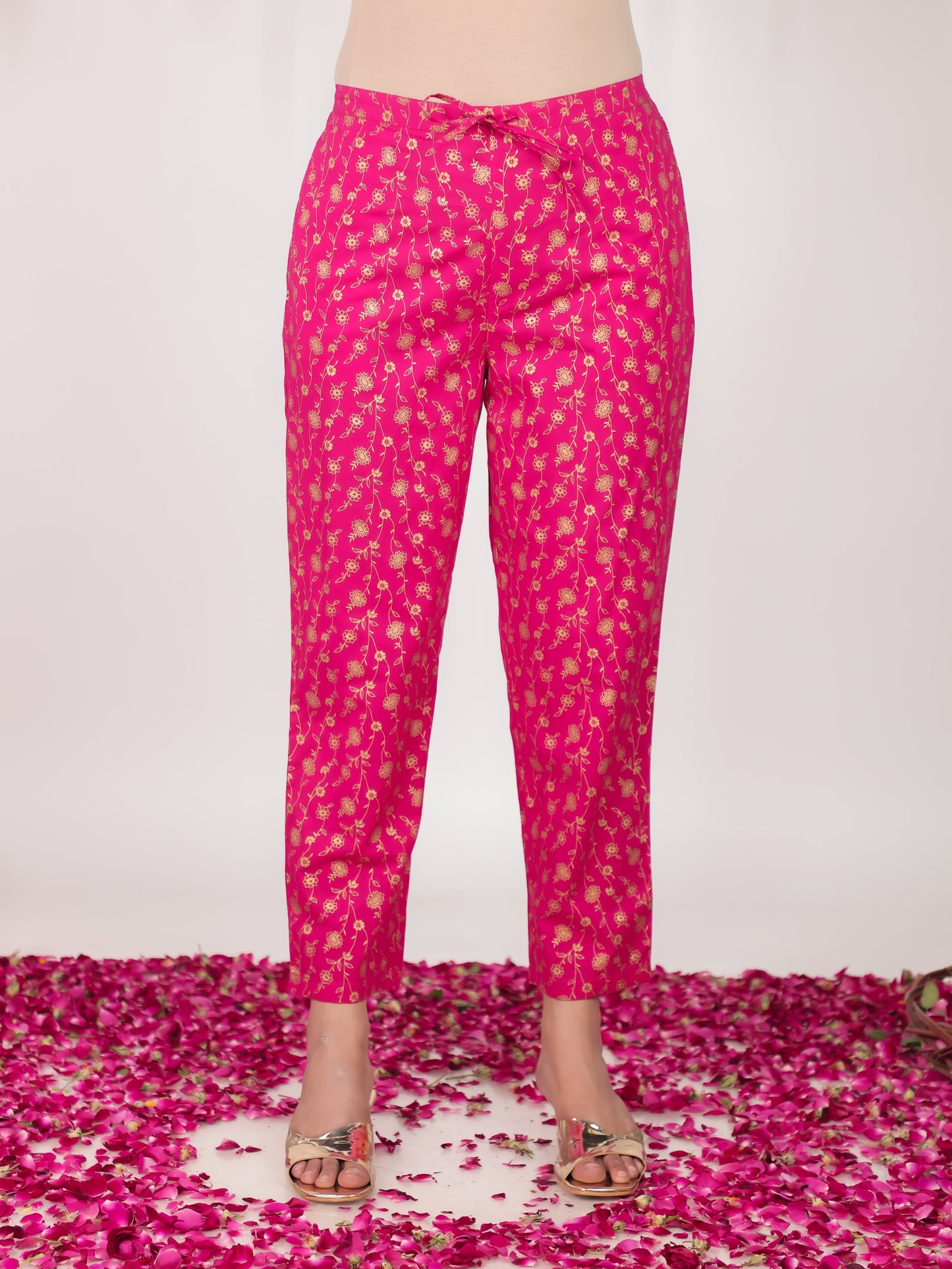Embroidered Rayon Gold foil Flared Pink Kurta