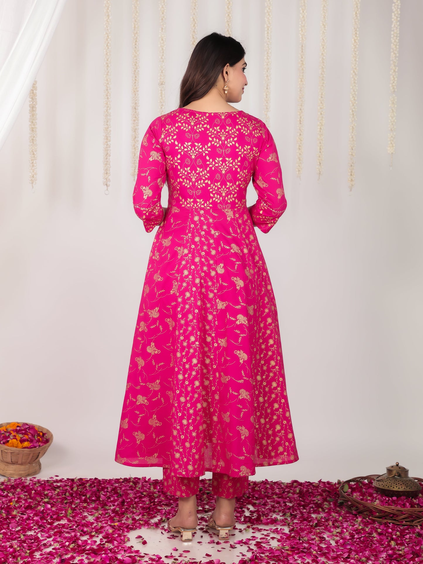 Embroidered Rayon Gold foil Flared Pink Kurta