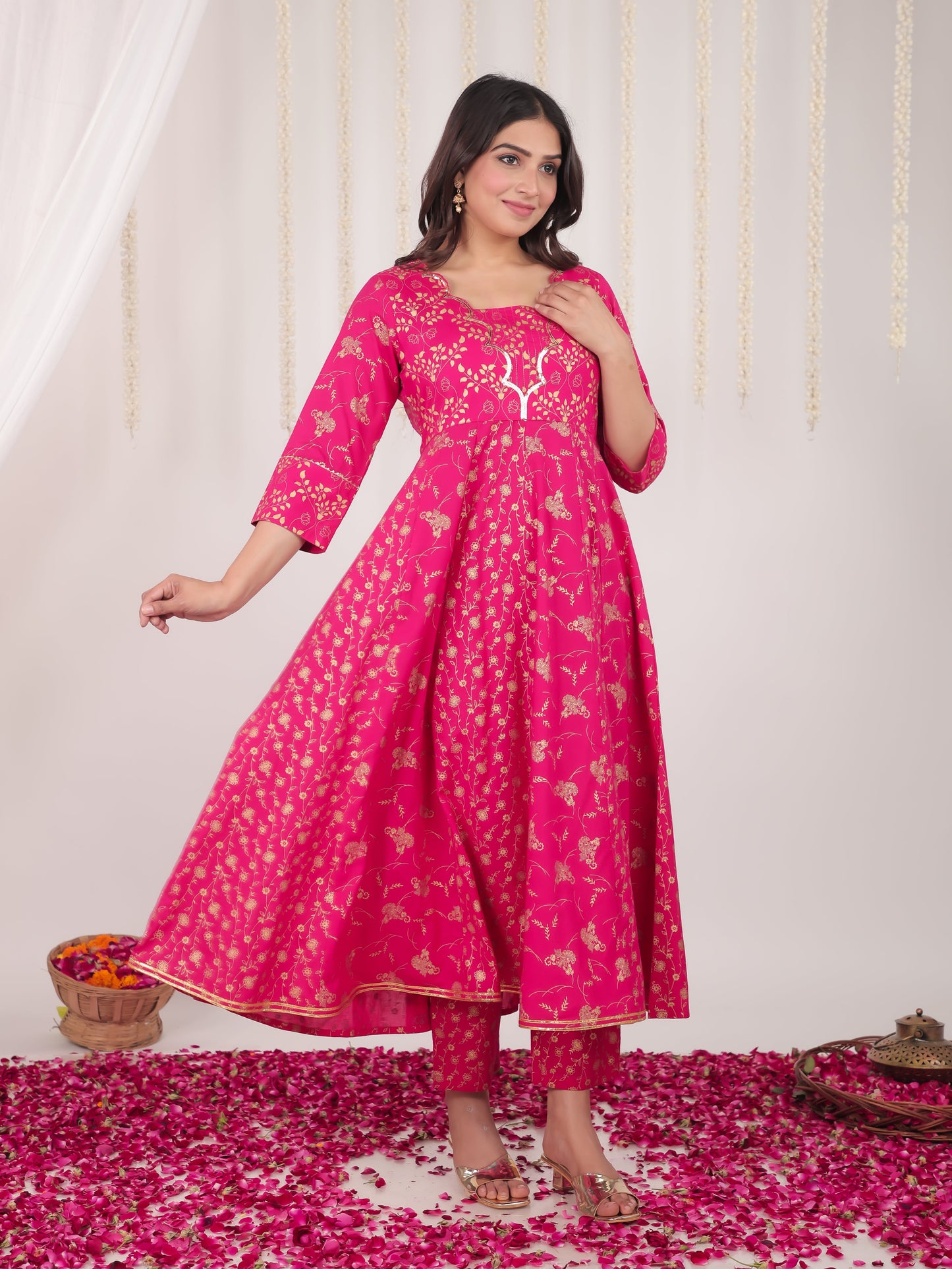 Embroidered Rayon Gold foil Flared Pink Kurta