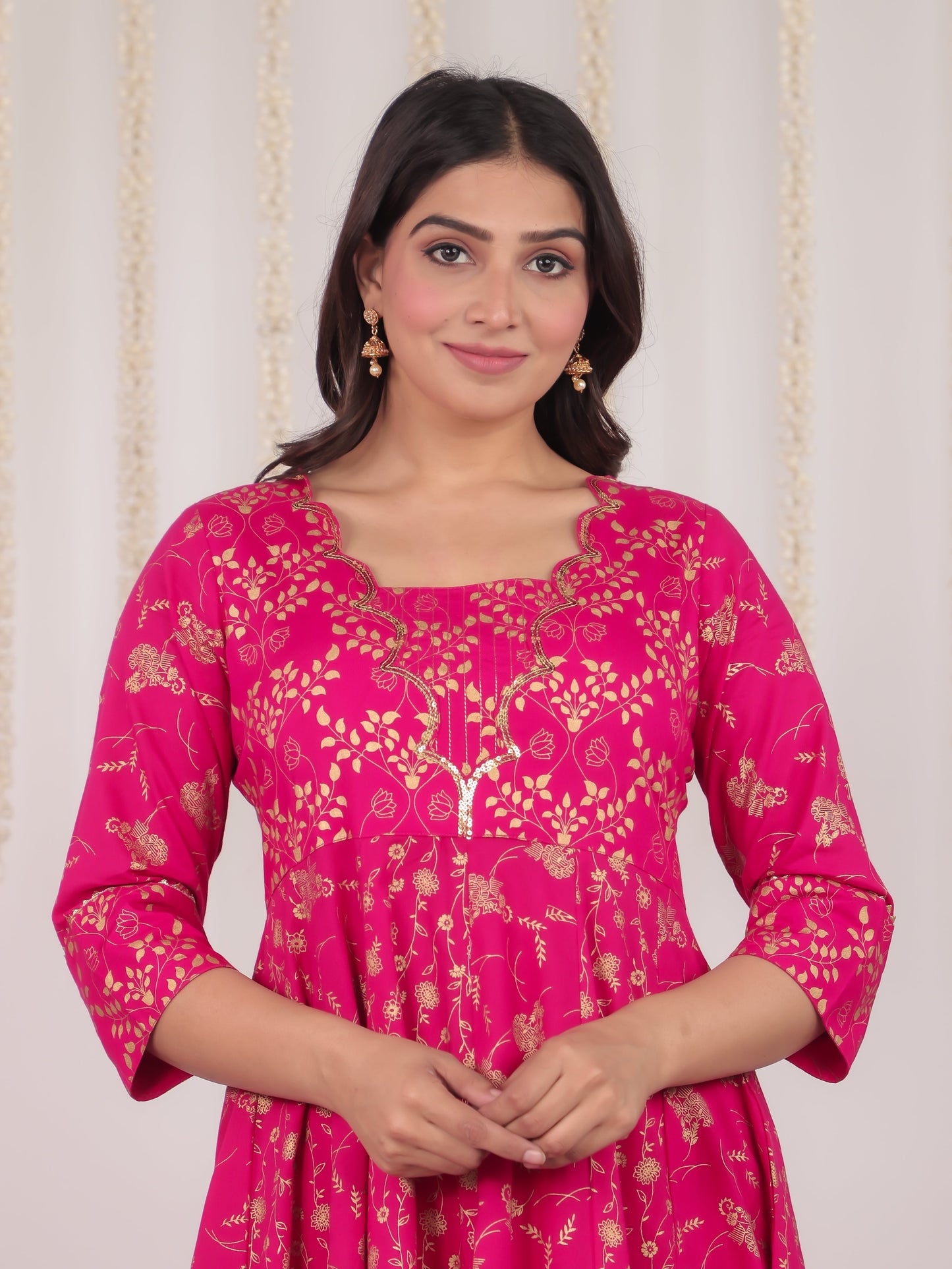 Embroidered Rayon Gold foil Flared Pink Kurta