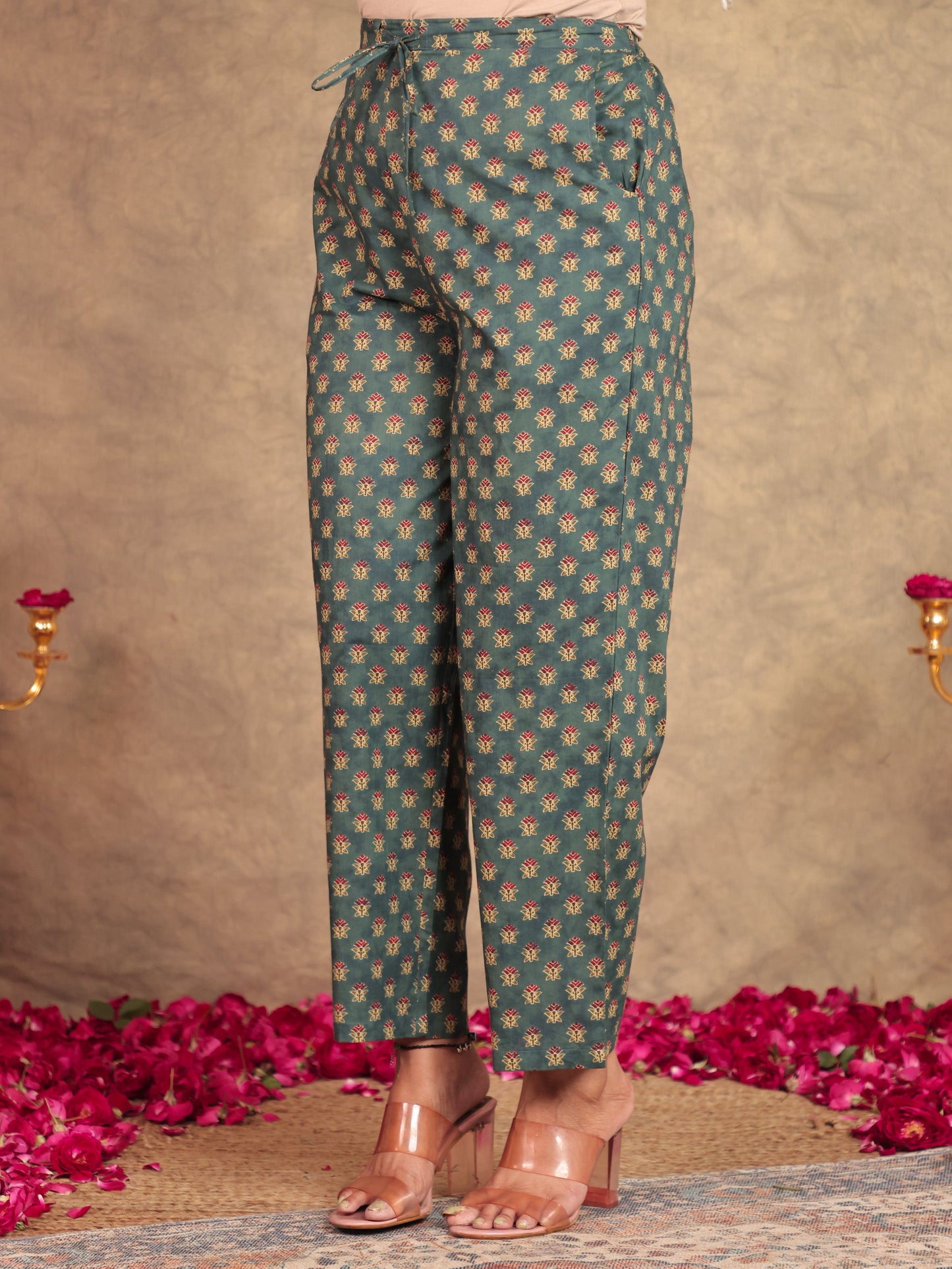 Embroidered Soft Cotton Block Print Panelled Green Kurta
