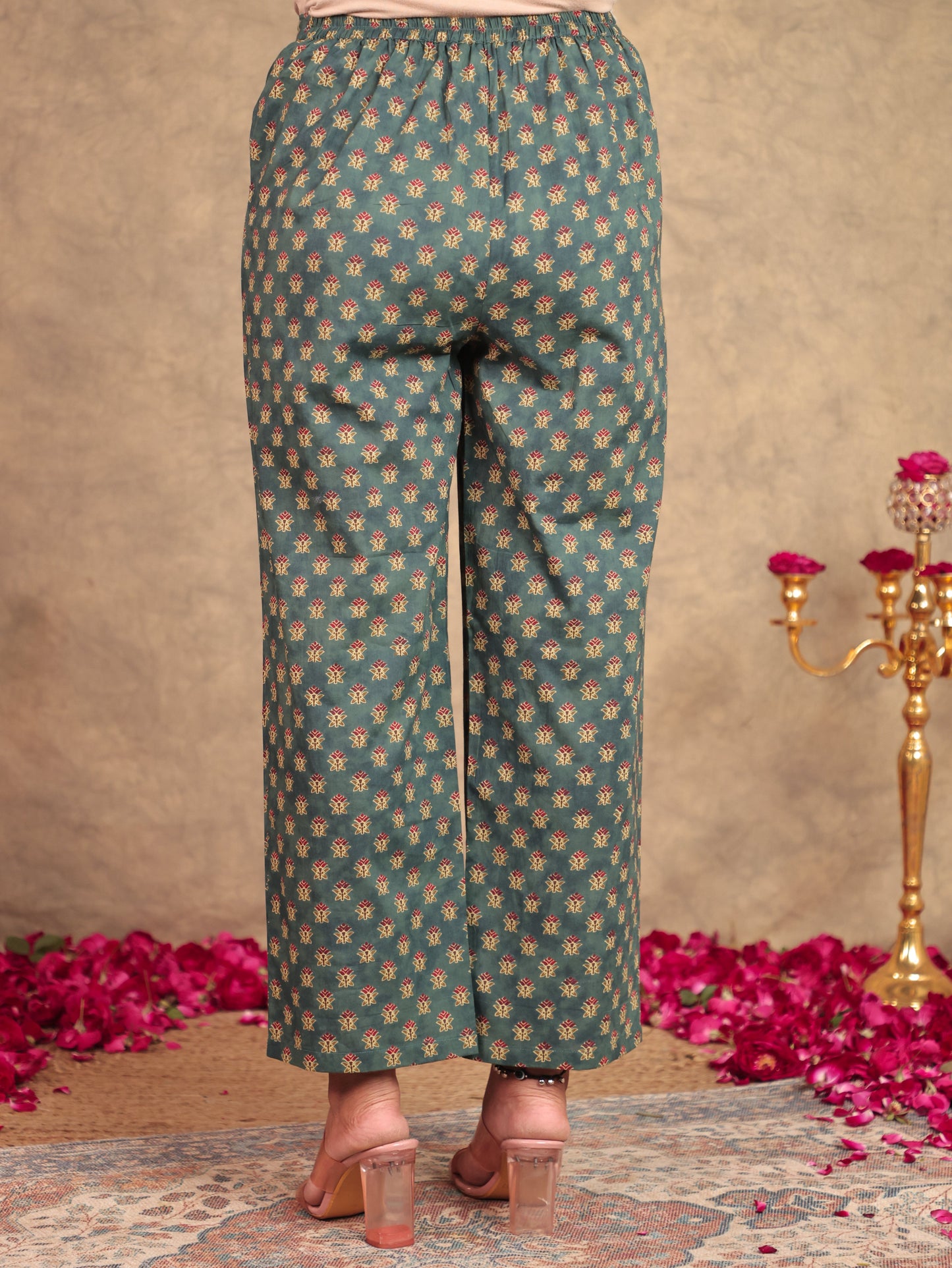 Embroidered Soft Cotton Block Print Panelled Green Kurta