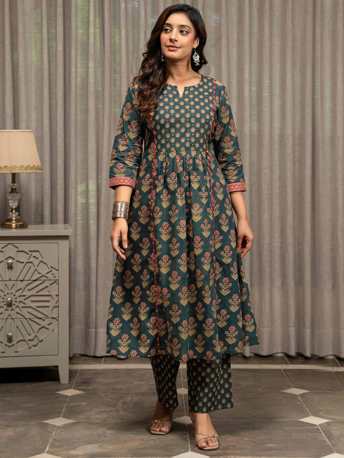Embroidered Soft Cotton Block Print Panelled Green Kurta