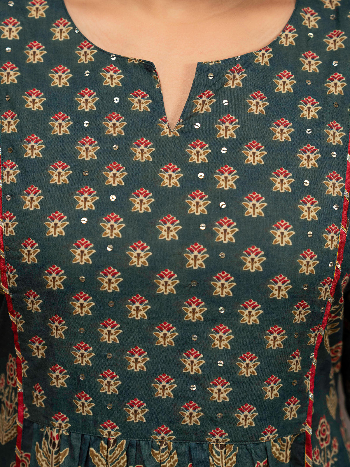 Embroidered Soft Cotton Block Print Panelled Green Kurta