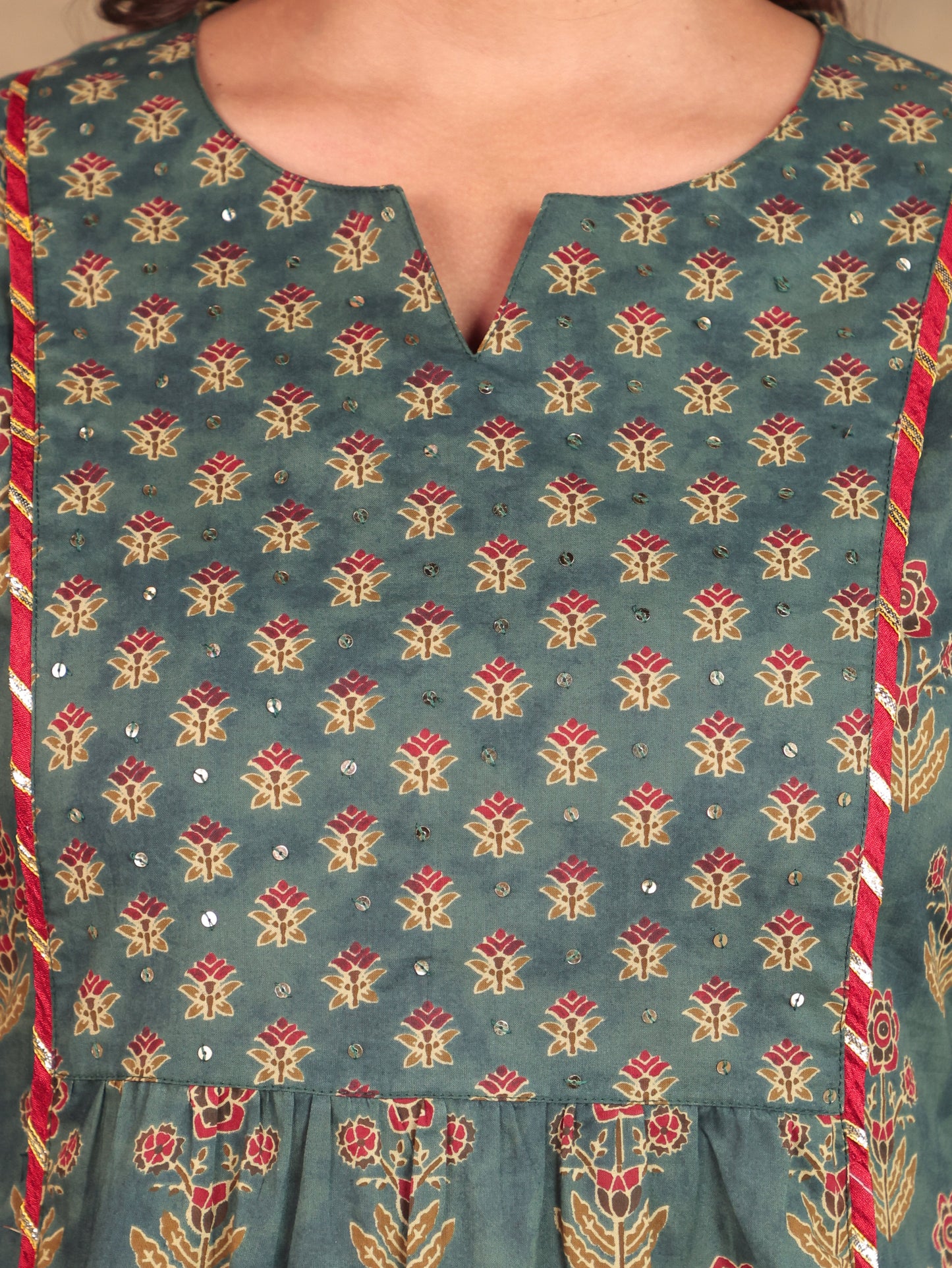 Embroidered Soft Cotton Block Print Panelled Green Kurta