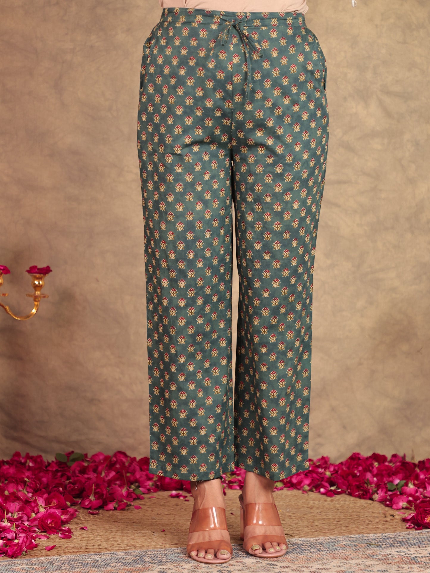 Embroidered Soft Cotton Block Print Panelled Green Kurta