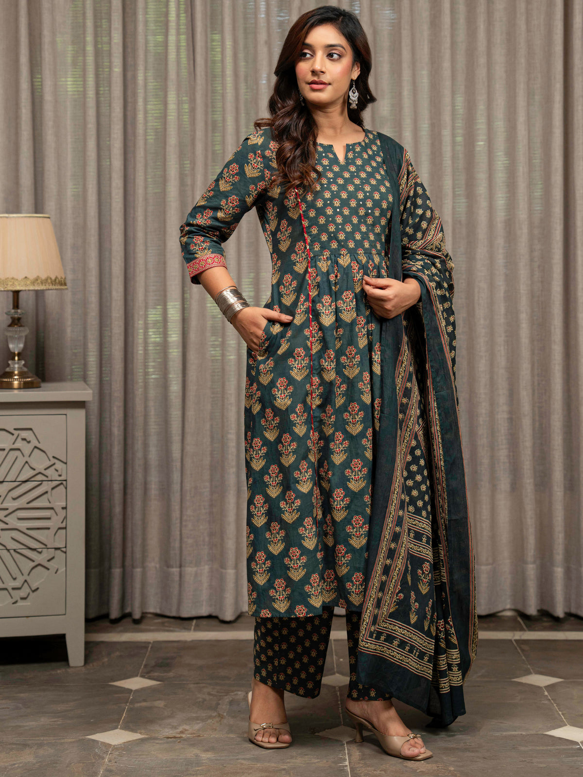 Embroidered Soft Cotton Block Print Panelled Green Kurta