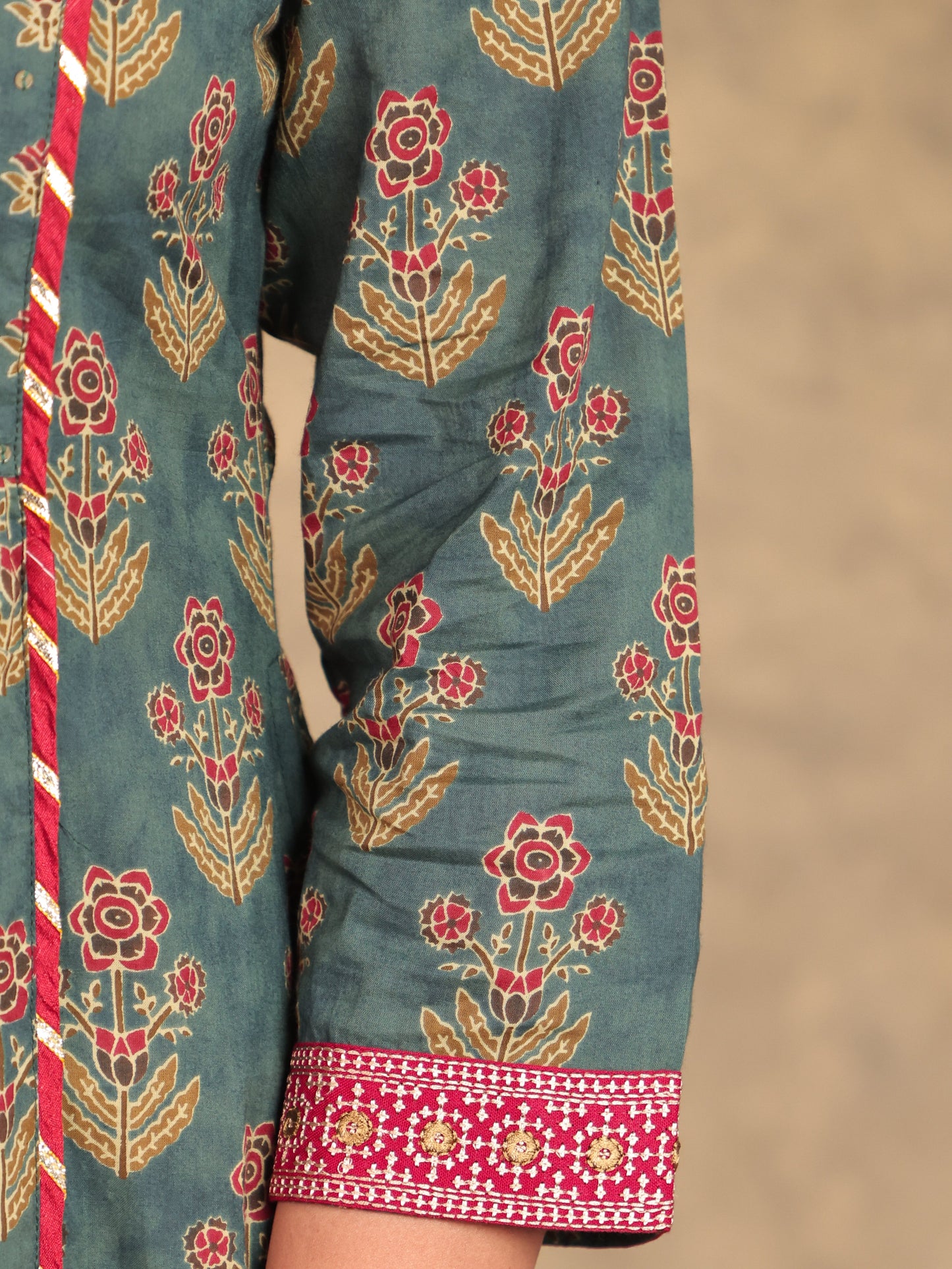 Embroidered Soft Cotton Block Print Panelled Green Kurta