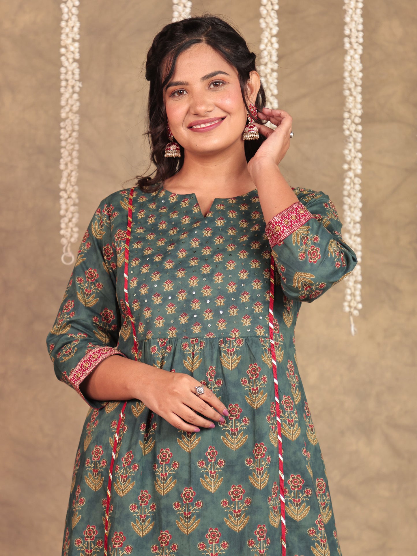 Embroidered Soft Cotton Block Print Panelled Green Kurta