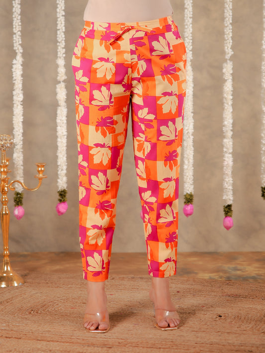 Soft Cotton Geometric Cream Tapered Trousers
