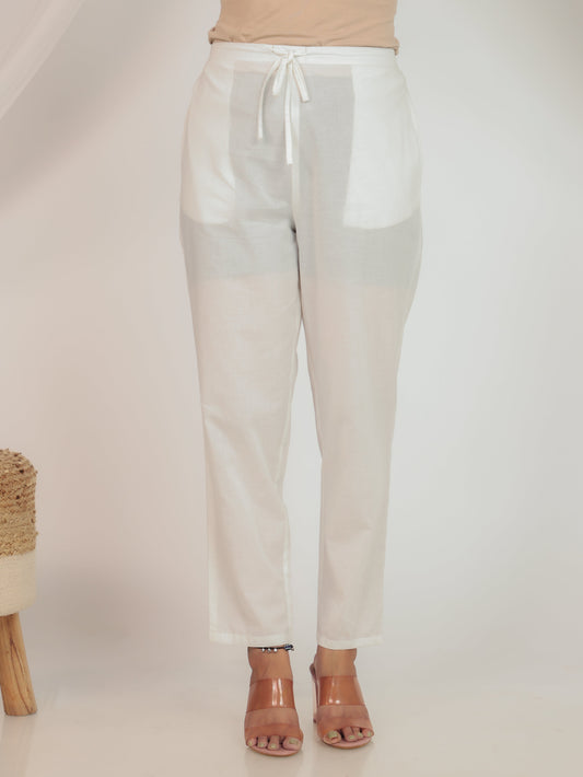Soft Cotton Solid White Tapered Trousers