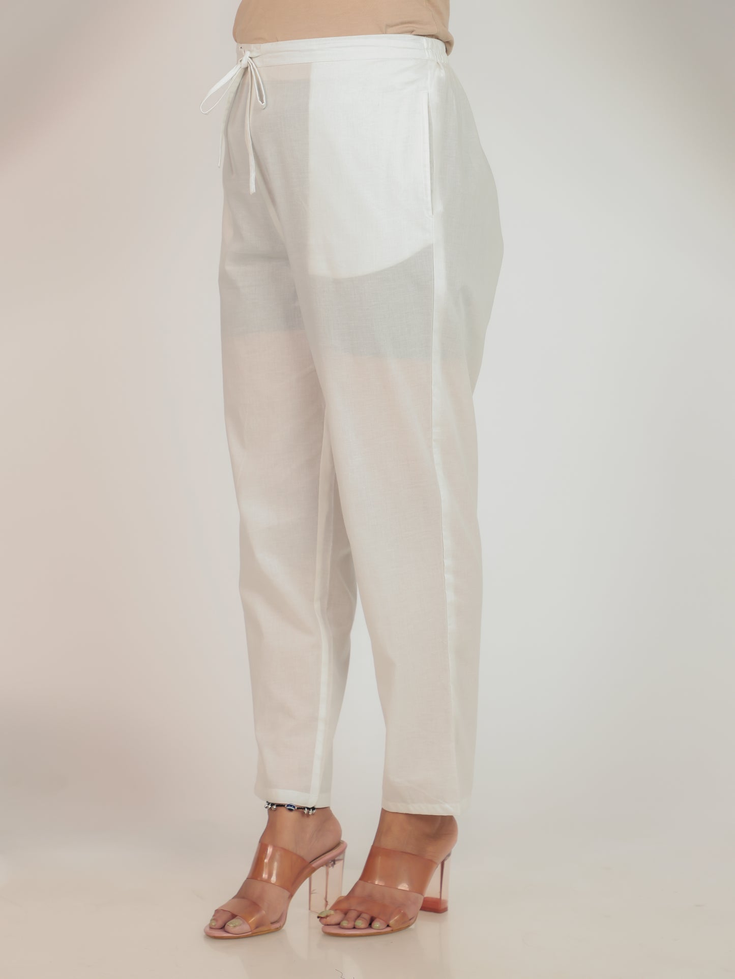 Soft Cotton Solid White Tapered Trousers