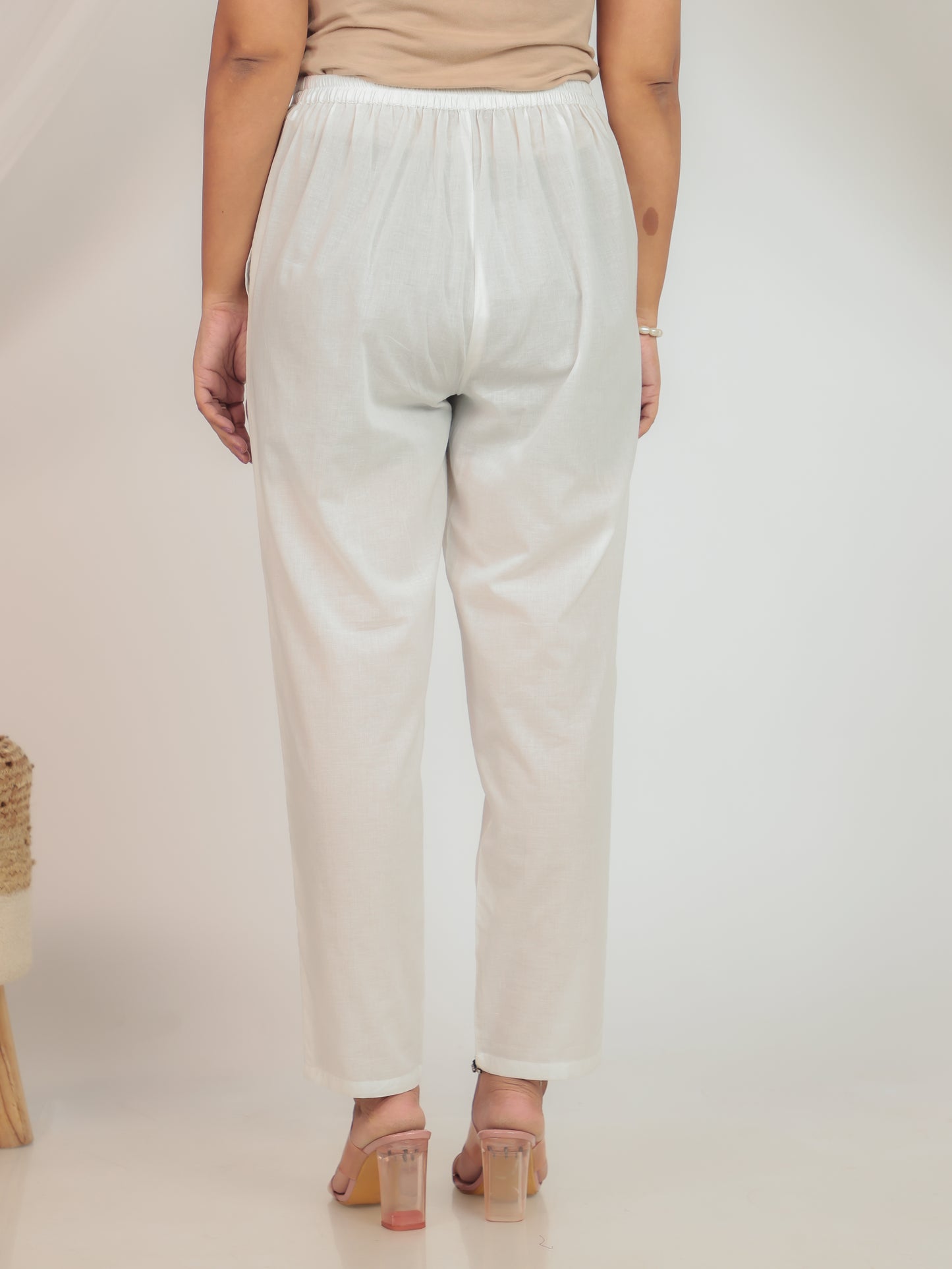 Soft Cotton Solid White Tapered Trousers