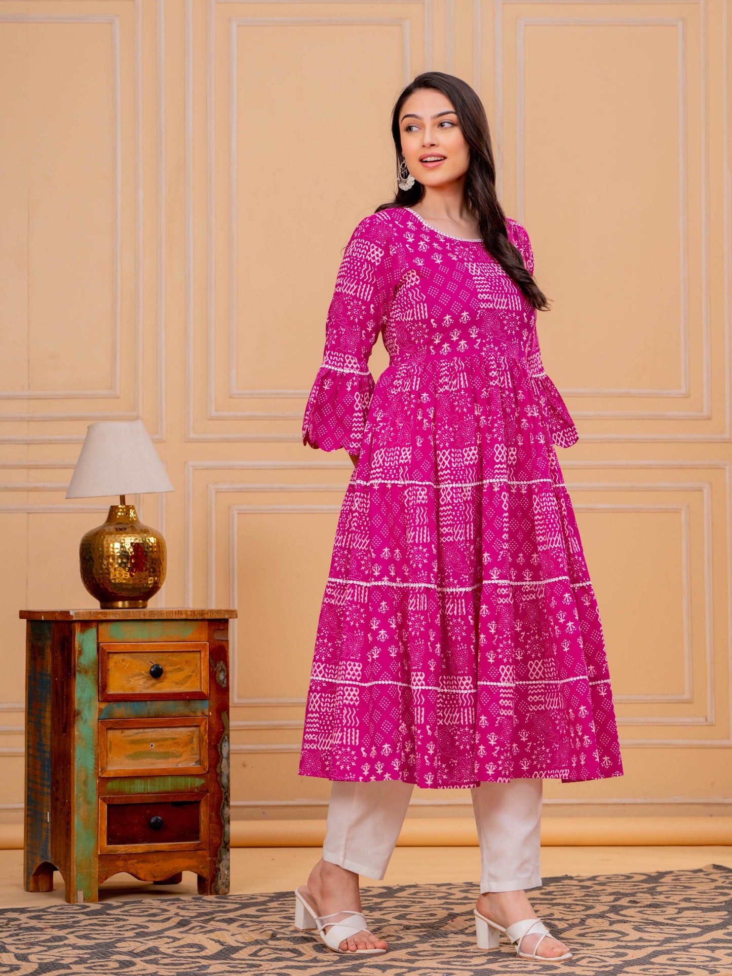Embroidered Soft Cotton Abstract Flared Pink