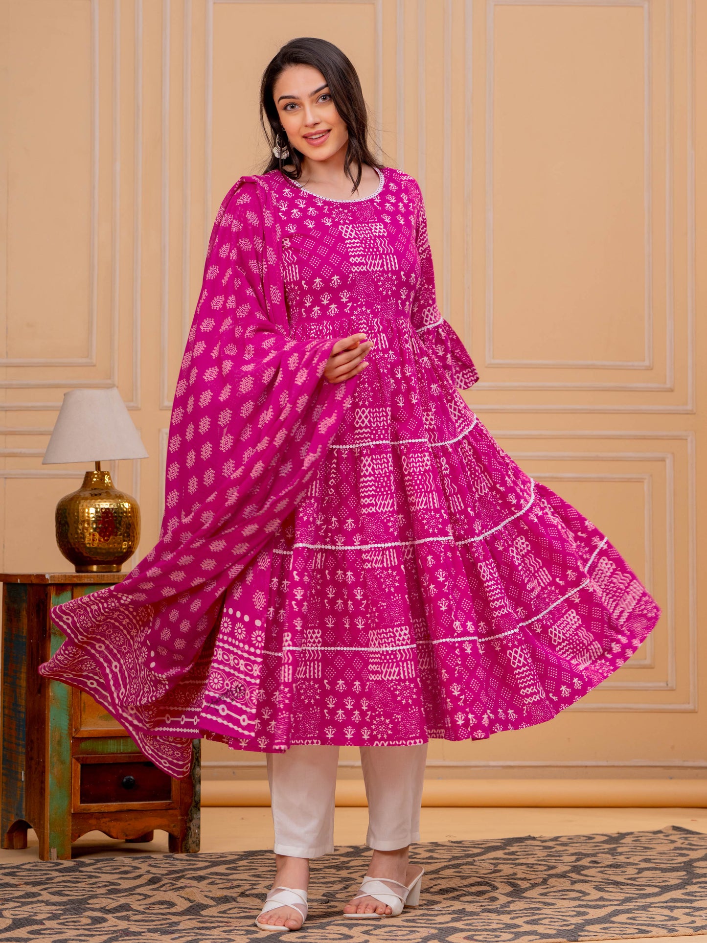 Embroidered Soft Cotton Abstract Flared Pink