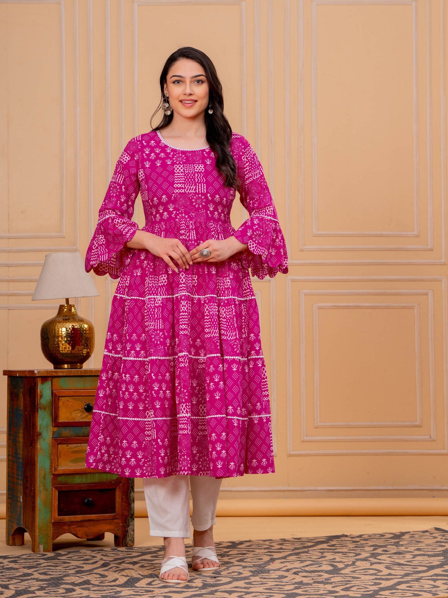 Embroidered Soft Cotton Abstract Flared Pink