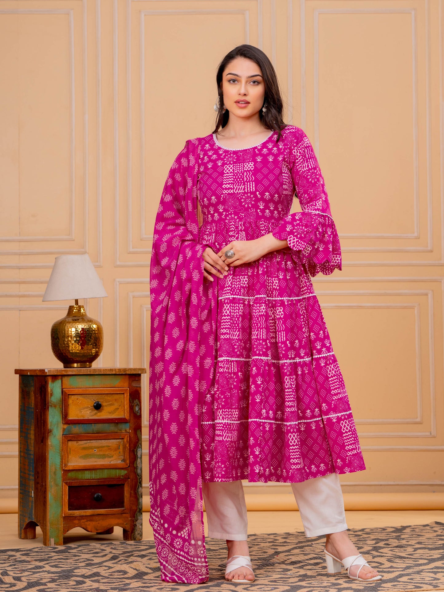 Embroidered Soft Cotton Abstract Flared Pink