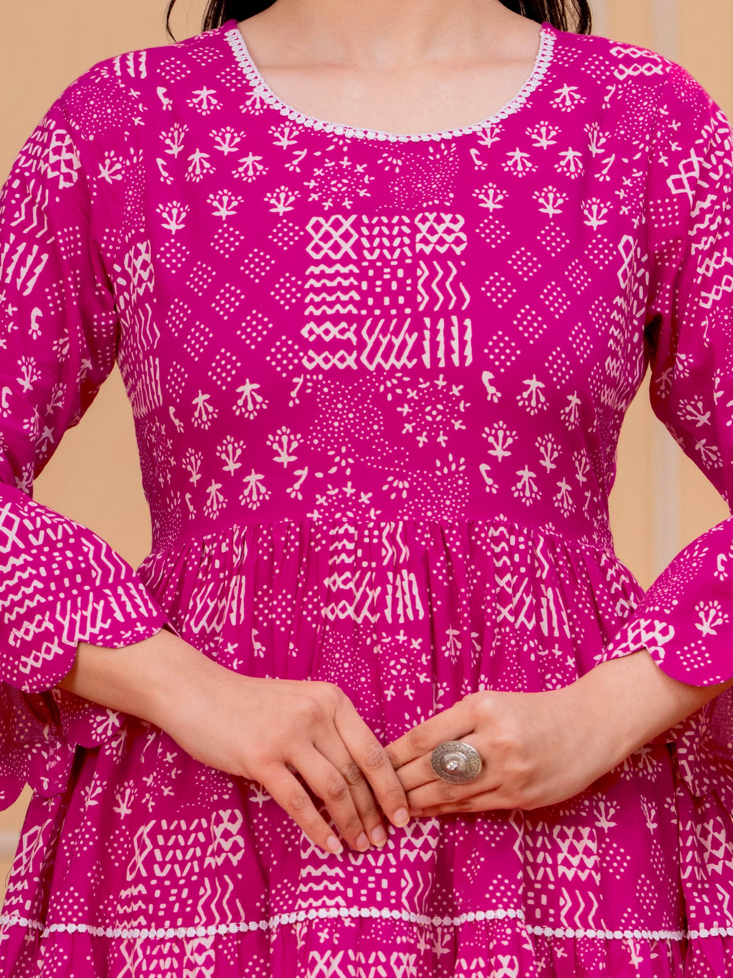 Embroidered Soft Cotton Abstract Flared Pink