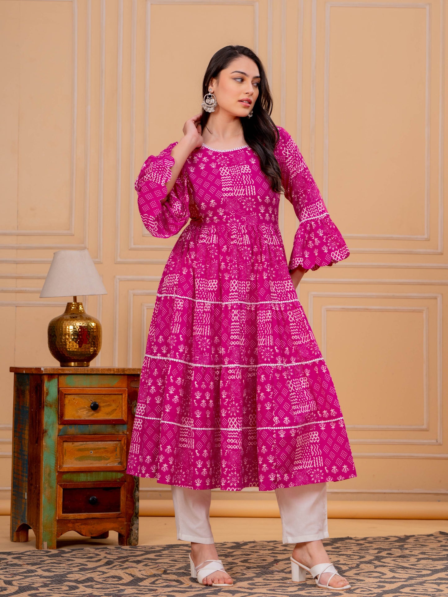 Embroidered Soft Cotton Abstract Flared Pink