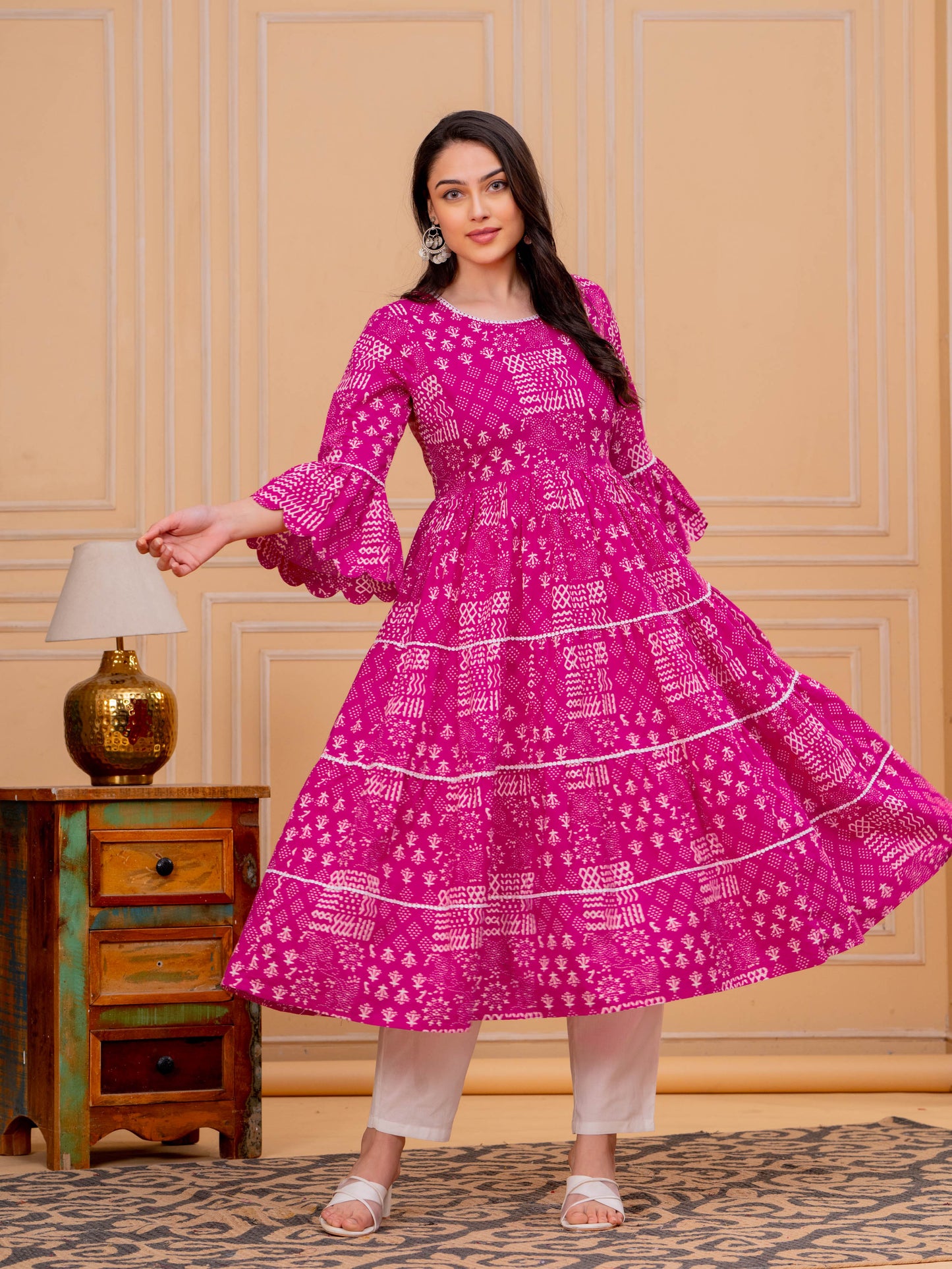 Embroidered Soft Cotton Abstract Flared Pink