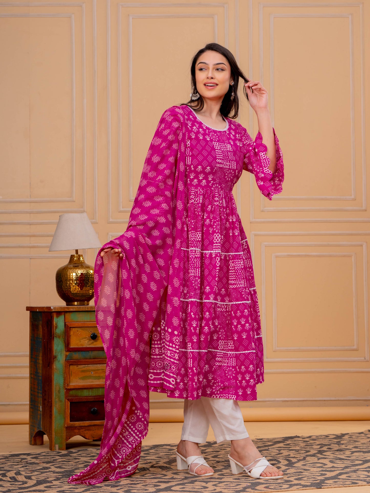 Embroidered Soft Cotton Abstract Flared Pink