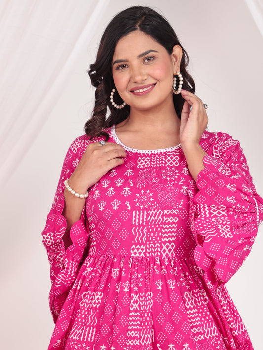 Soft Cotton Abstract Flared Pink Kurta