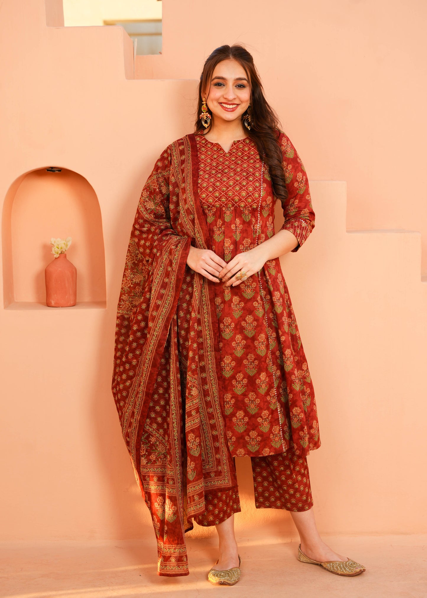 Voile Cotton Floral Rust Dupatta