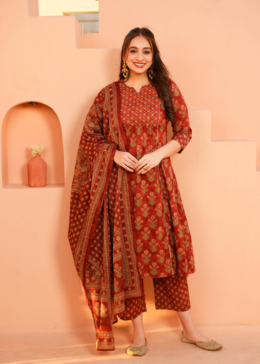 Voile Cotton Floral Rust Dupatta