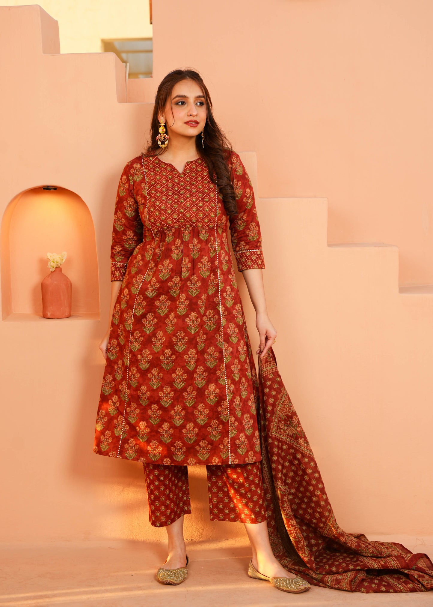 Voile Cotton Floral Rust Dupatta