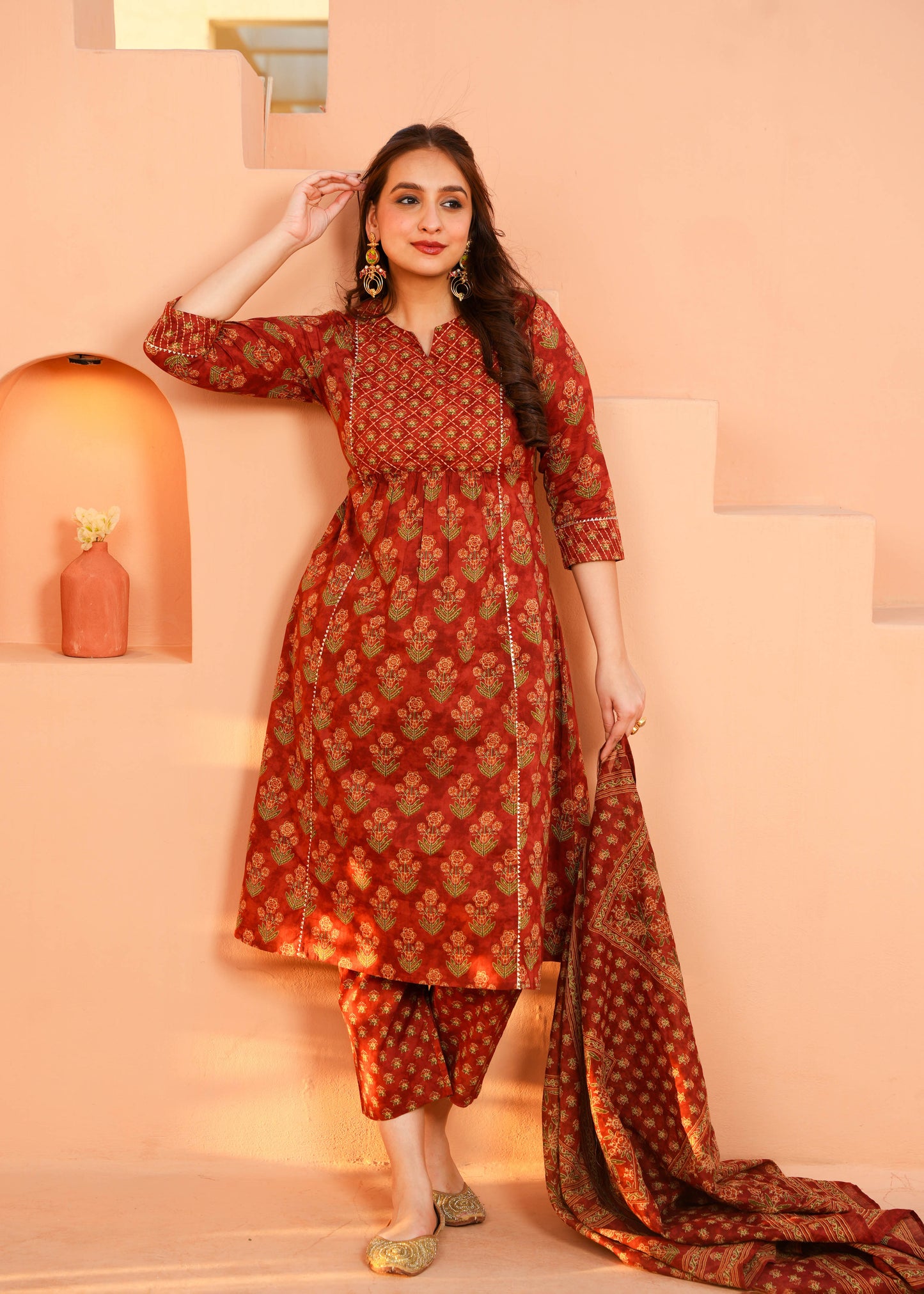 Voile Cotton Floral Rust Dupatta