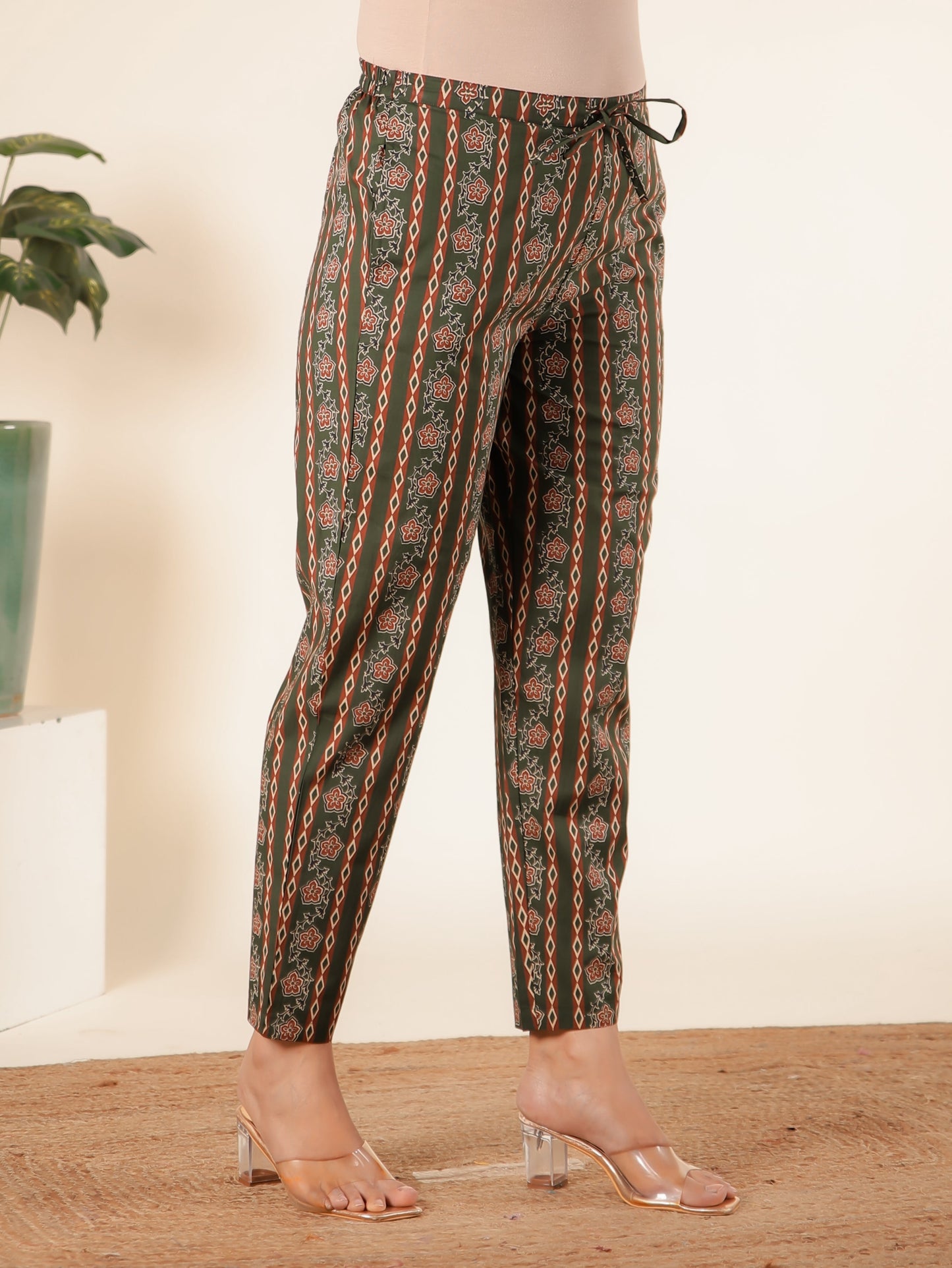 Soft Cotton Block Print Green Tapered Trousers