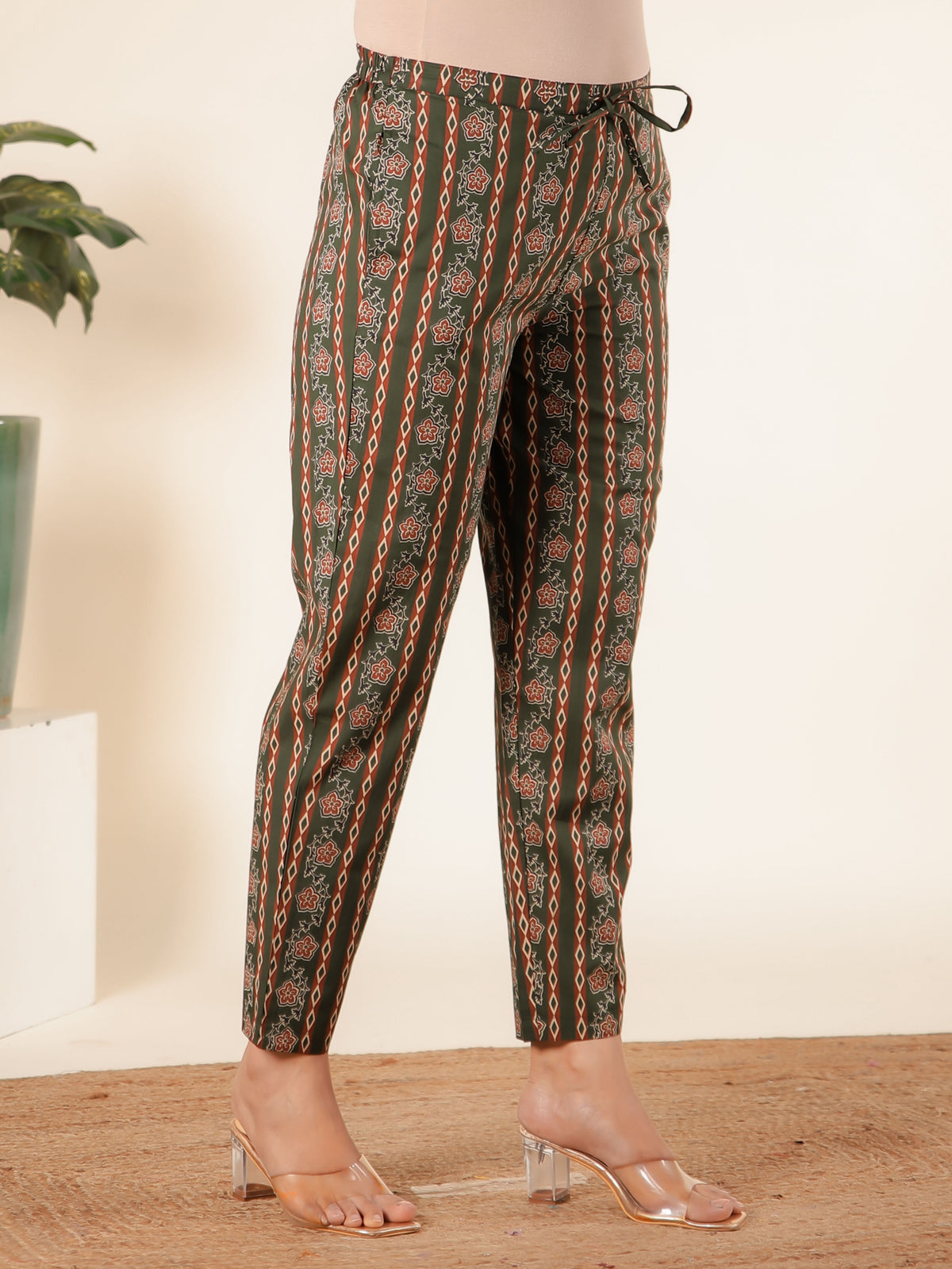 Soft Cotton Block Print Green Tapered Trousers