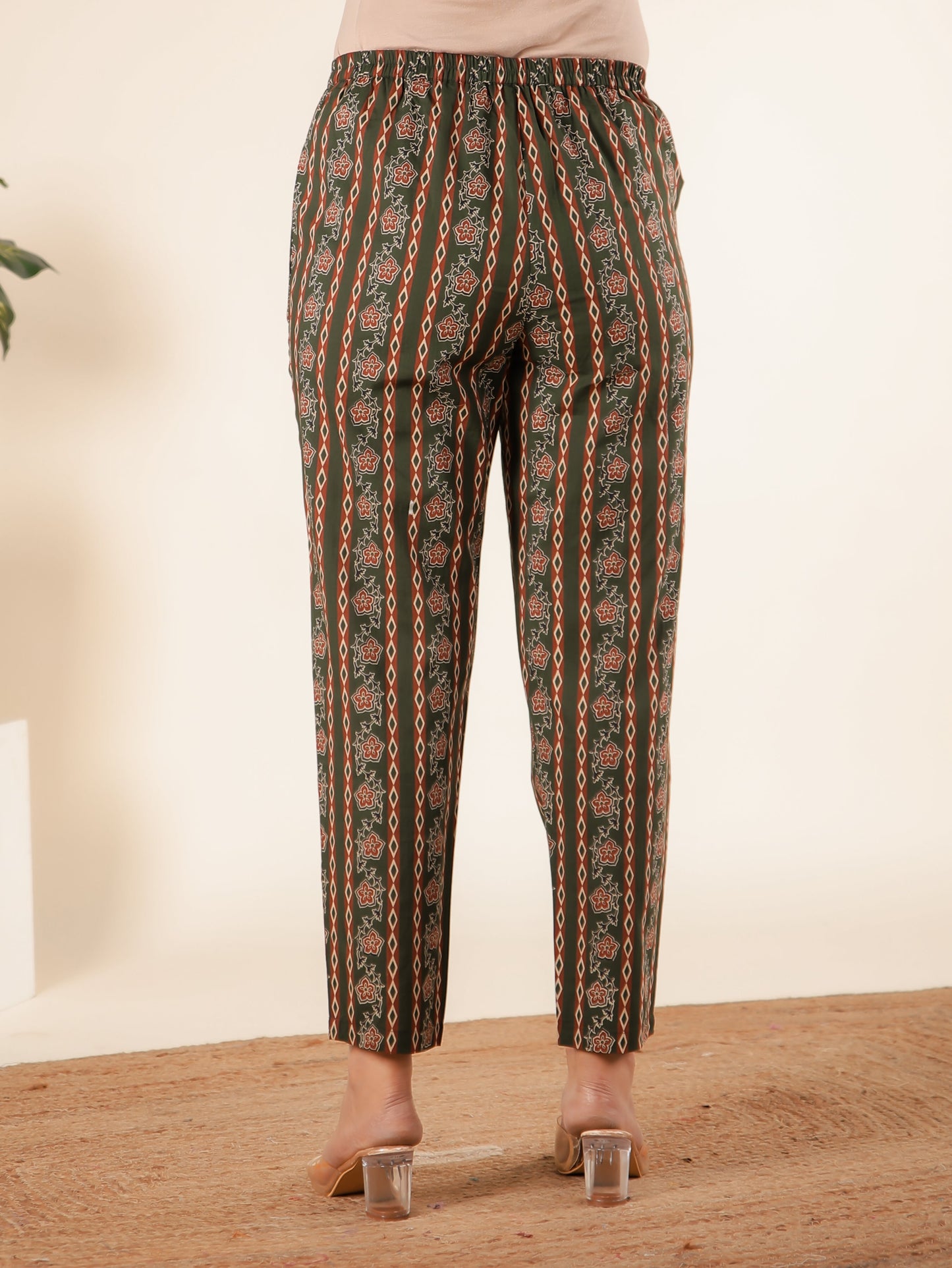 Soft Cotton Block Print Green Tapered Trousers