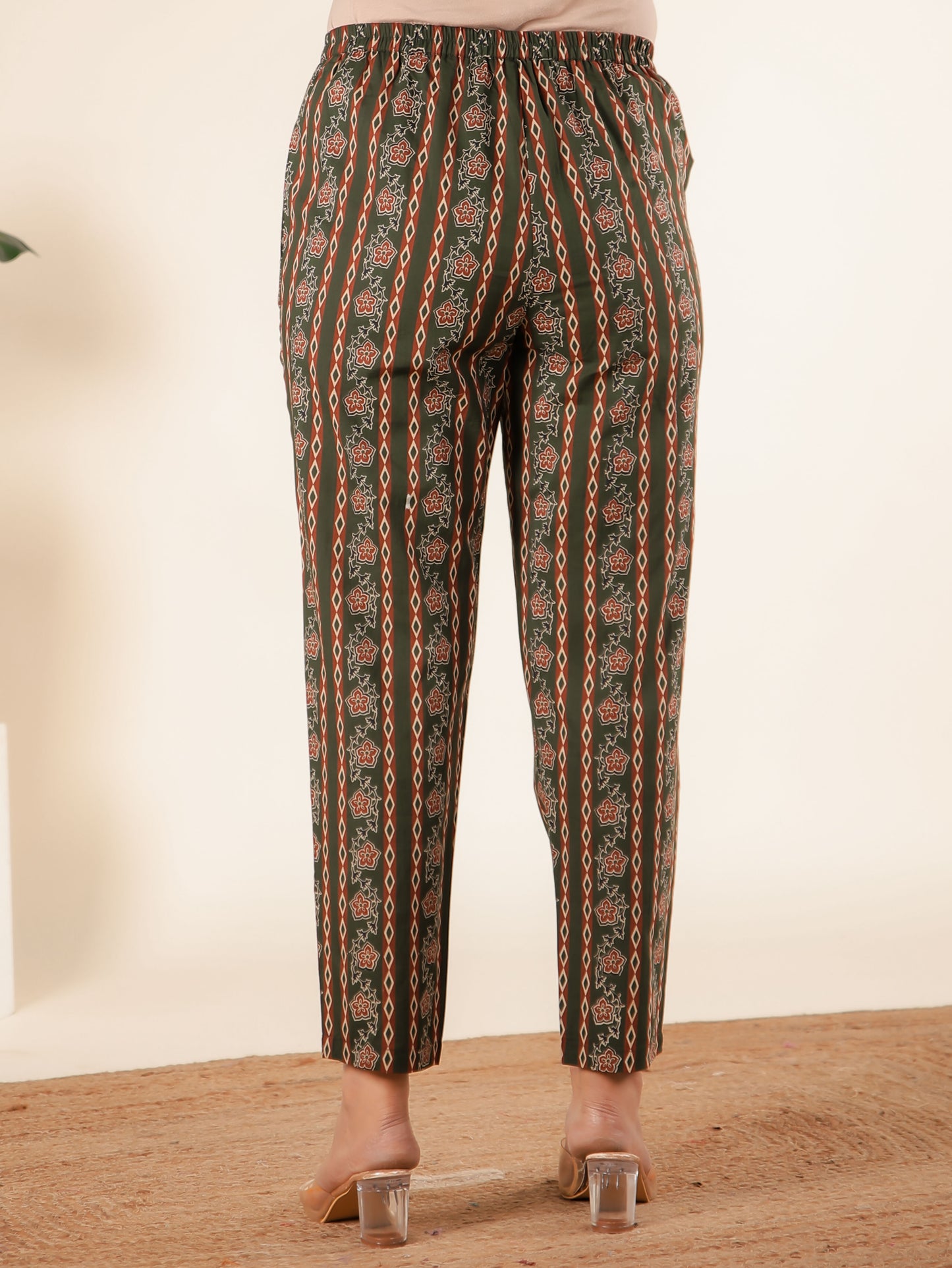 Soft Cotton Block Print Green Tapered Trousers