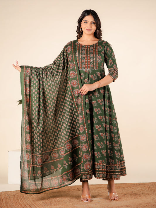 Cotton Voile Block Print Green Dupatta